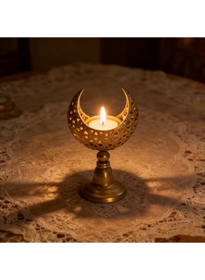 Golden Moon Shaped Candle Holder, Ramadan Decorative Metal Tealight Holder, Islamic Eid Ornament for Table Centerpiece, Home Decor, Bedroom, Living Room, Arabic Style Candle Stand for Ramadan, Eid al-Fitr, Wedding, Party（ZYZT-07B） - Image 1
